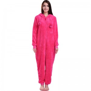 Damska gorąca różowa piżama z kapturem z uszami zwierząt