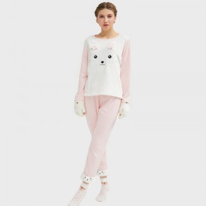 Damska flanelowa piżama z haftem dla kota